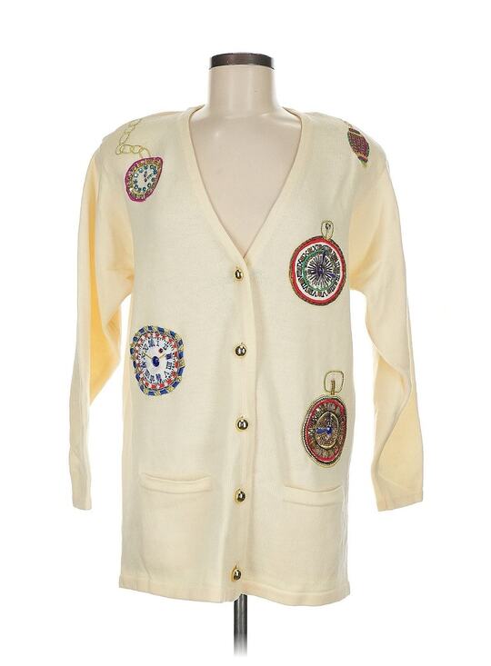 Nordstrom Sweaters - VTG Nordstrom Merino Wool Cream Embroidered Clock Patches V Neck Cardigan S